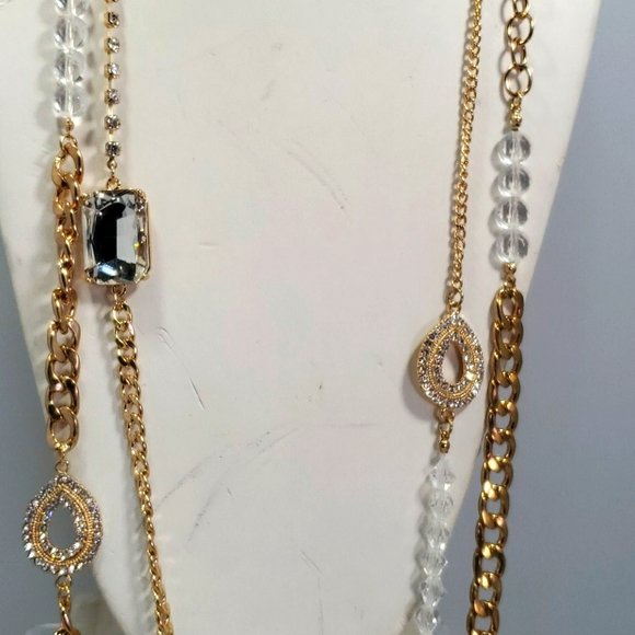 Bijou 36 inch 2 row clear beads with gold link chain necklace - Picture 3 of 14